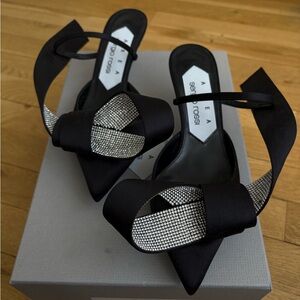 NEW AREA x Sergio Rossi Black Satin Diamond Bow Marquise Mules Kitten Heels 6.5